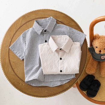 Fiúknak készült rövid ujjú kockásing, nyárra, koreai stílus, gallér, puha kezelt anyag, 95% pamut