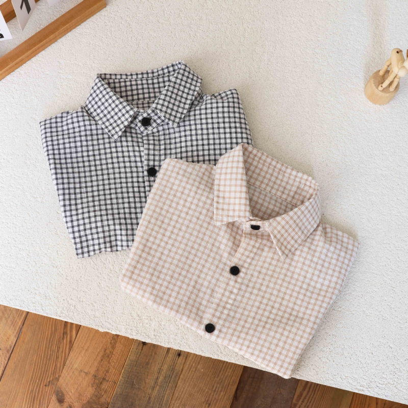 Fiúknak készült rövid ujjú kockásing, nyárra, koreai stílus, gallér, puha kezelt anyag, 95% pamut