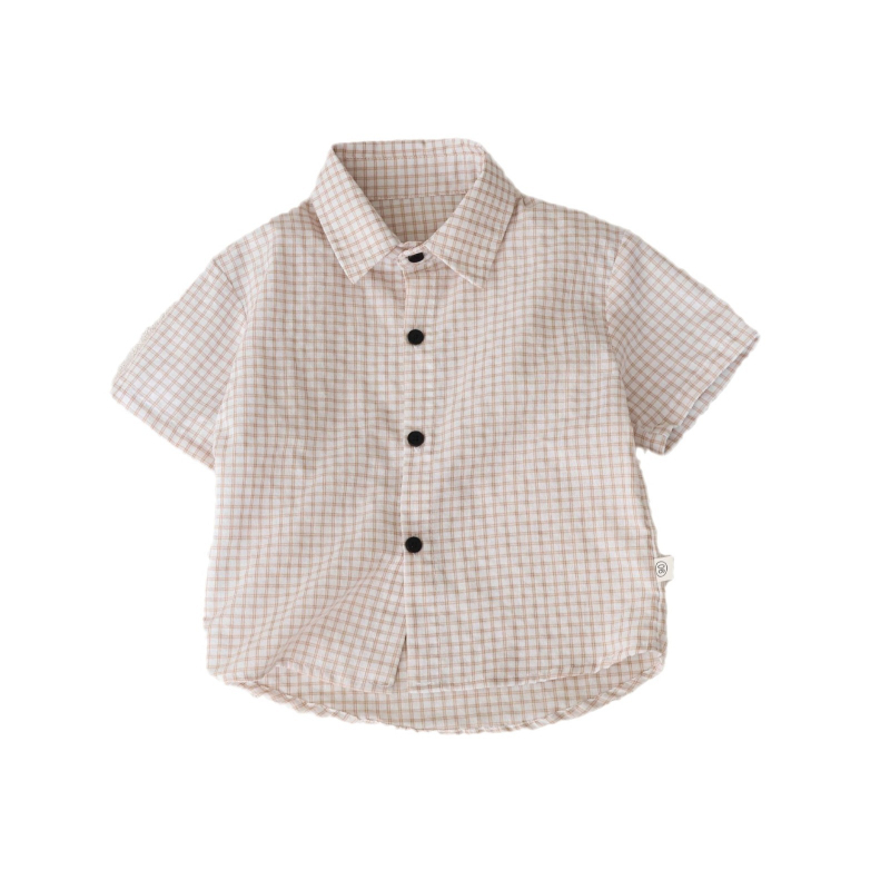 Fiúknak készült rövid ujjú kockásing, nyárra, koreai stílus, gallér, puha kezelt anyag, 95% pamut