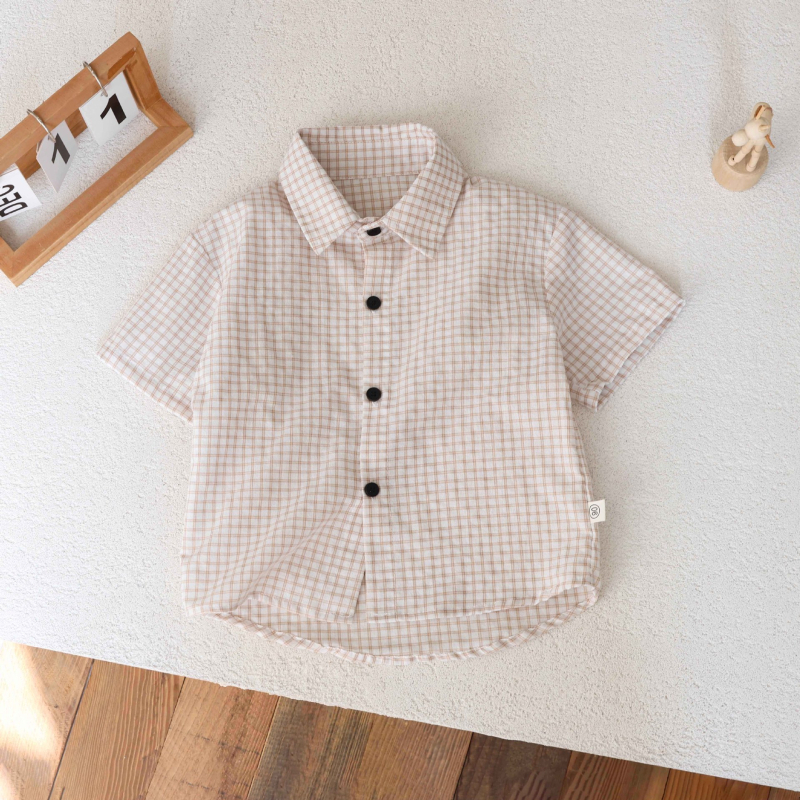 Fiúknak készült rövid ujjú kockásing, nyárra, koreai stílus, gallér, puha kezelt anyag, 95% pamut