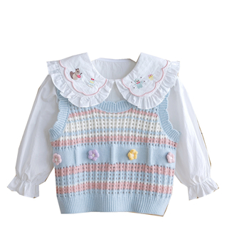 Dječji komplet: košulja za djevojčice i pleteni prsluk, pamuk, dugi rukav, jesen 2025, dva komada, korejski stil, ovratnik Peter Pan