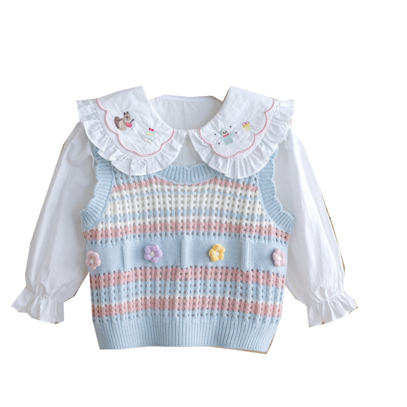 Dječji komplet: košulja za djevojčice i pleteni prsluk, pamuk, dugi rukav, jesen 2025, dva komada, korejski stil, ovratnik Peter Pan