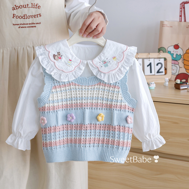 Dječji komplet: košulja za djevojčice i pleteni prsluk, pamuk, dugi rukav, jesen 2025, dva komada, korejski stil, ovratnik Peter Pan