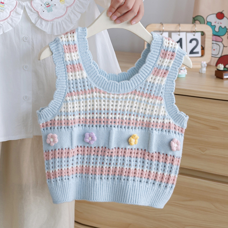 Dječji komplet: košulja za djevojčice i pleteni prsluk, pamuk, dugi rukav, jesen 2025, dva komada, korejski stil, ovratnik Peter Pan