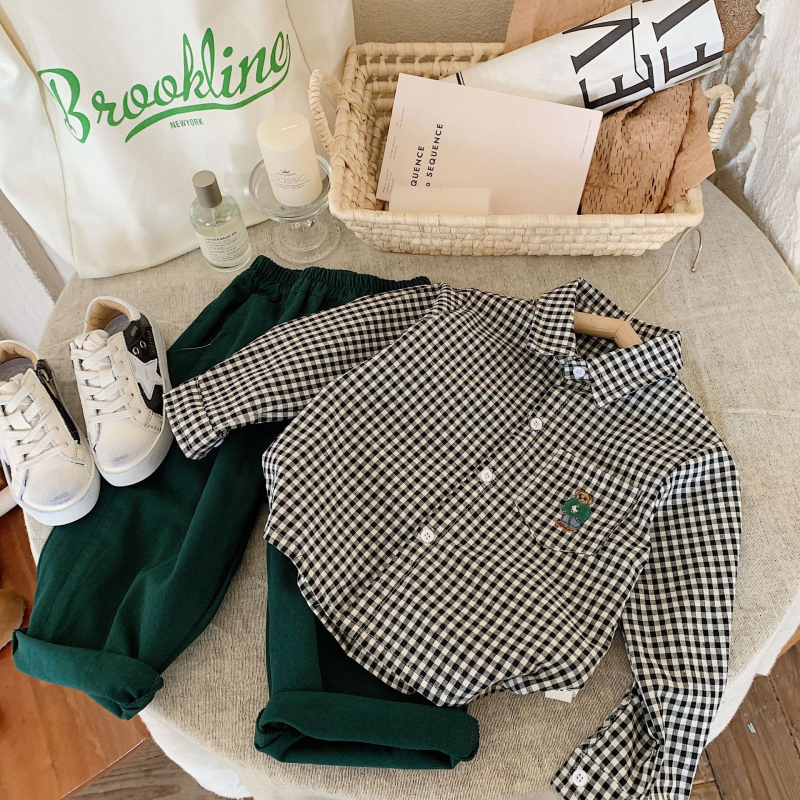 Dječja košulja u korejskom stilu, karirani uzorak, rever, dugi rukav, 100% pamuk, unisex, za djecu 3–8 godina