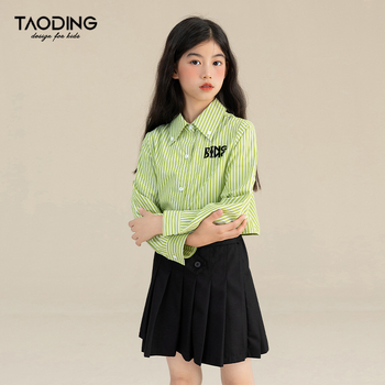 Djevojačka košulja s prugama, školski stil, dugi rukav, proljeće–jesen, 55% poliester, 45% pamuk