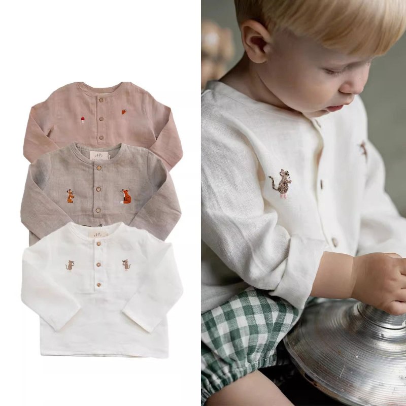 Dječja košulja s dugim rukavima od laneno-konopljine smjese, mekana obrada, unisex, s motivom životinja, prikladna za proljeće i jesen, za uzrast 3–8 godina.