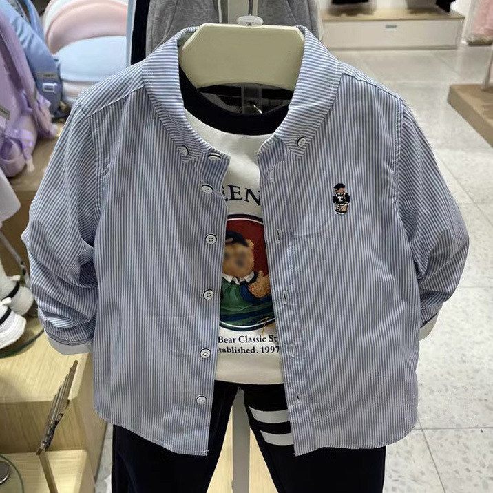 Dječja pamučna košulja s dugim rukavima, prugasti i karikaturni uzorak, rever ovratnik, mekan dodir tkanine – proljeće-jesen, 3–8 godina