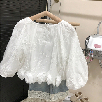 Dječja košulja, korejski stil, izvezene cvjetove, okrugli ovratnik, dugi rukavi