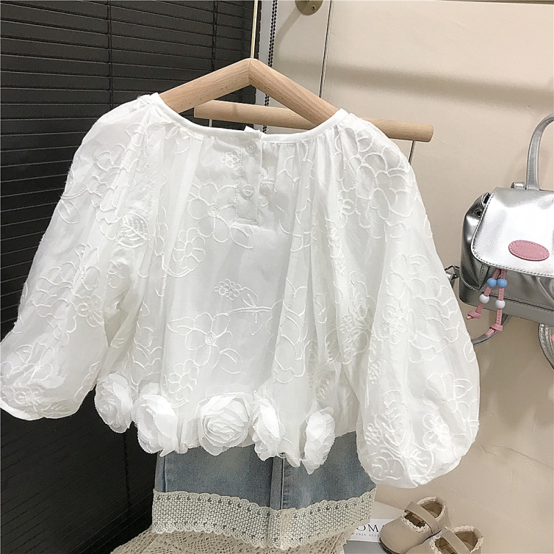 Dječja košulja, korejski stil, izvezene cvjetove, okrugli ovratnik, dugi rukavi