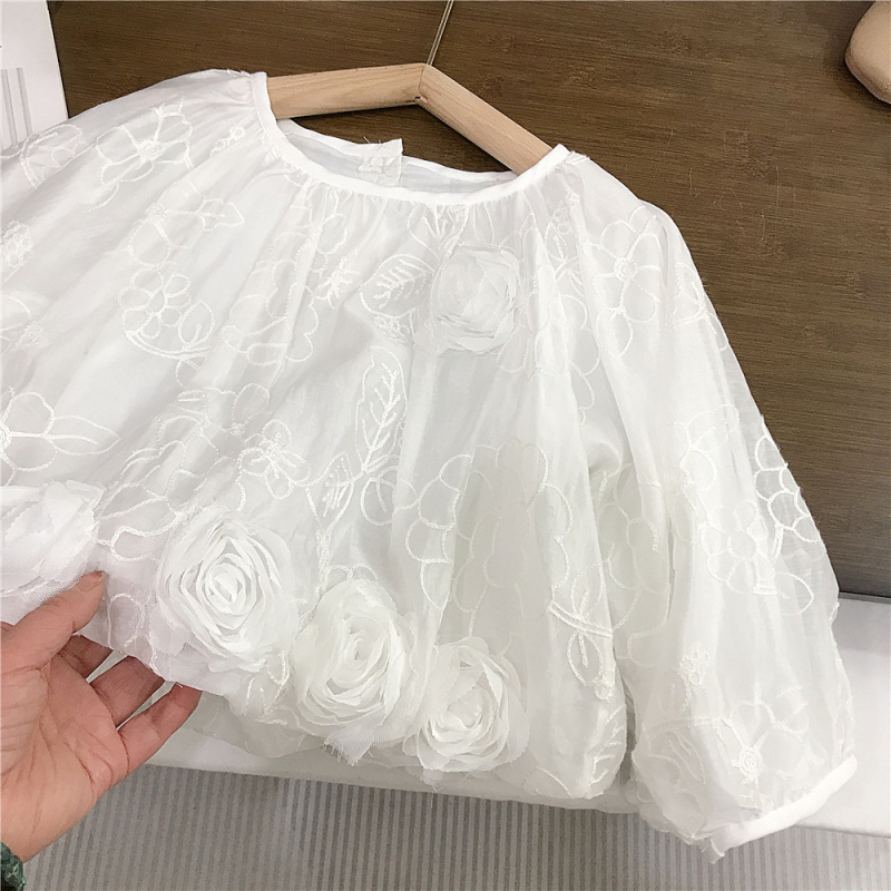 Dječja košulja, korejski stil, izvezene cvjetove, okrugli ovratnik, dugi rukavi