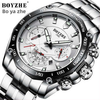 Boyzhe WL014 Automatski mehanički muški sat, vodootporan do 30 m, svijetli u mraku, kalendar, remen od nehrđajućeg čelika