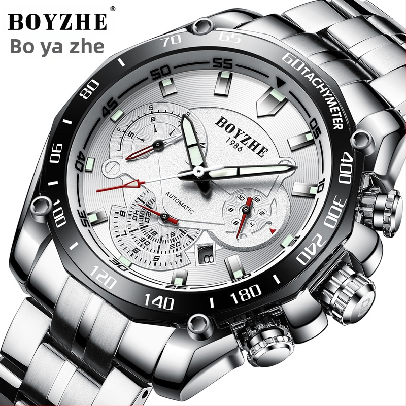 Boyzhe WL014 Automatski mehanički muški sat, vodootporan do 30 m, svijetli u mraku, kalendar, remen od nehrđajućeg čelika