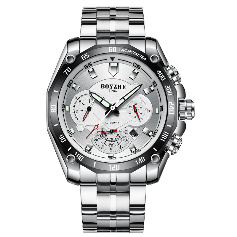 Boyzhe WL014 Automatski mehanički muški sat, vodootporan do 30 m, svijetli u mraku, kalendar, remen od nehrđajućeg čelika