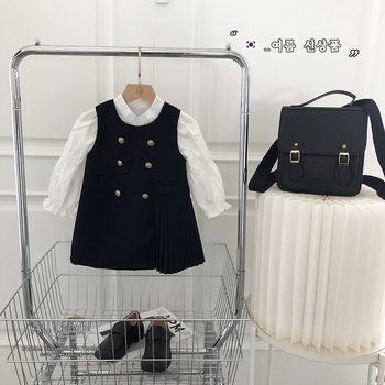 Детски двуетапен комплект в преппи стил: безръкав жилетка с риза и пола с презрамки, 100% полиестер, едноцветен, за деца на възраст 3–8 години, пролет и есен