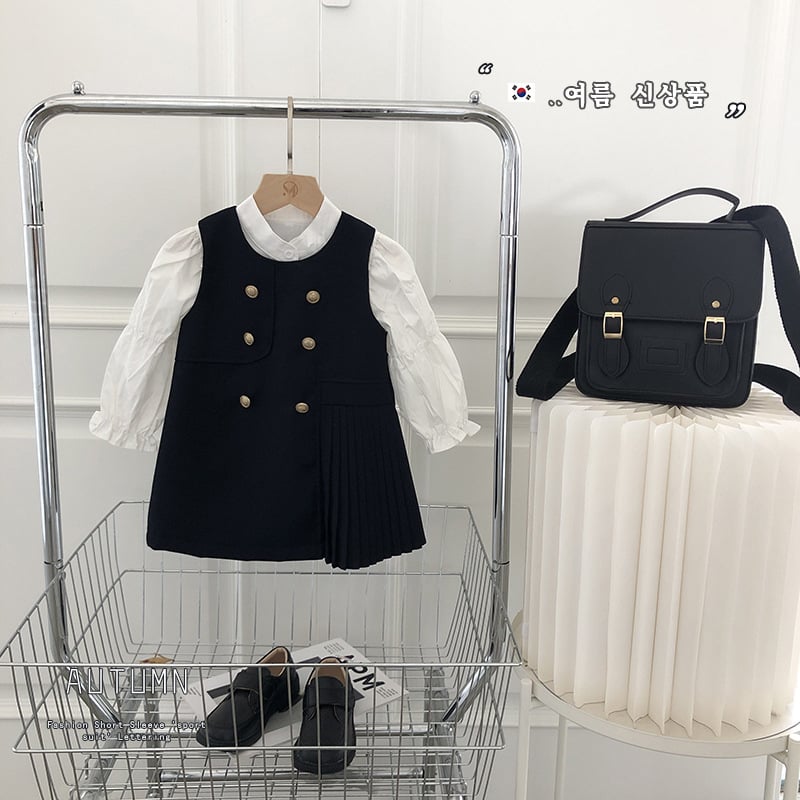 Детски двуетапен комплект в преппи стил: безръкав жилетка с риза и пола с презрамки, 100% полиестер, едноцветен, за деца на възраст 3–8 години, пролет и есен