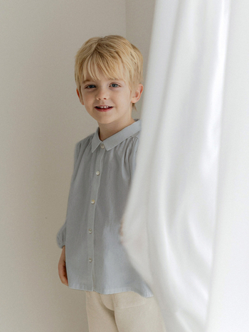 Dječja košulja u korejskom stilu, pamuk–len mješavina, rever ovratnik, duge rukave, 70% pamuk + 30% len