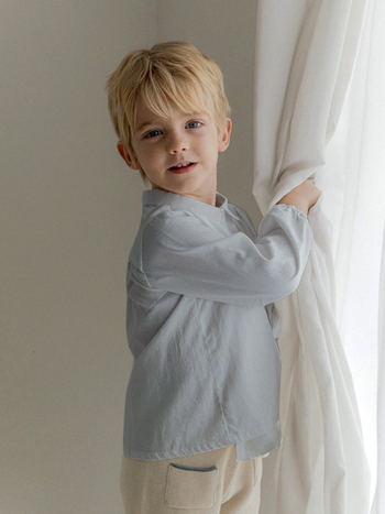 Dječja košulja u korejskom stilu, pamuk–len mješavina, rever ovratnik, duge rukave, 70% pamuk + 30% len