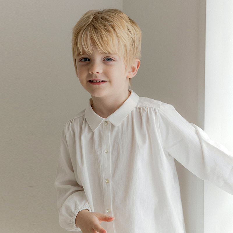 Dječja košulja u korejskom stilu, pamuk–len mješavina, rever ovratnik, duge rukave, 70% pamuk + 30% len