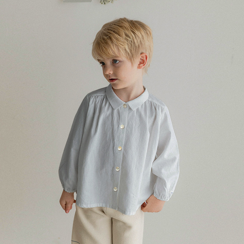 Dječja košulja u korejskom stilu, pamuk–len mješavina, rever ovratnik, duge rukave, 70% pamuk + 30% len