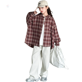 Dječja košulja s kariranim uzorkom, dugi rukavi, korejski stil, reverasti ovratnik, poliester, mekana površina