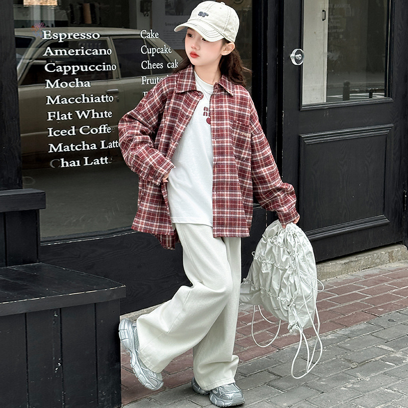 Dječja košulja s kariranim uzorkom, dugi rukavi, korejski stil, reverasti ovratnik, poliester, mekana površina