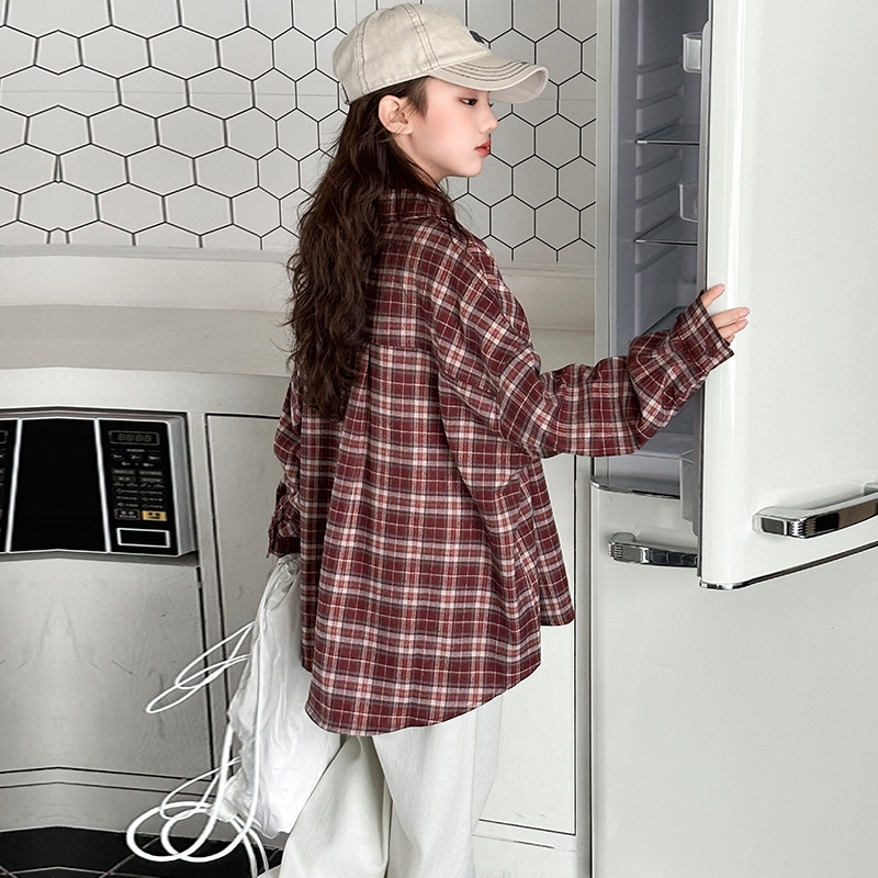 Dječja košulja s kariranim uzorkom, dugi rukavi, korejski stil, reverasti ovratnik, poliester, mekana površina