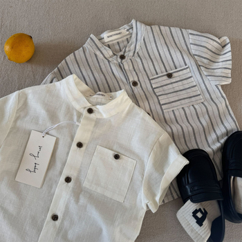 Cămașă pentru copii cu dungi, mânecă scurtă, guler rotund, bumbac 80–85%, vară 2025, top casual
