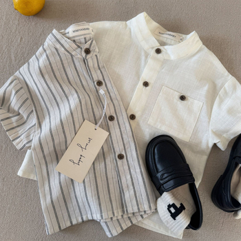 Cămașă pentru copii cu dungi, mânecă scurtă, guler rotund, bumbac 80–85%, vară 2025, top casual