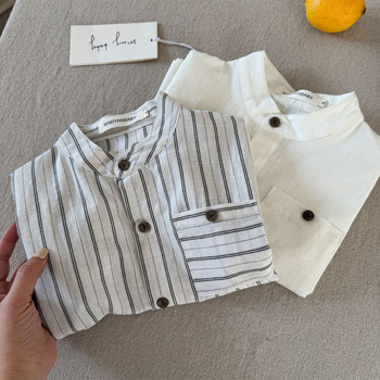 Cămașă pentru copii cu dungi, mânecă scurtă, guler rotund, bumbac 80–85%, vară 2025, top casual