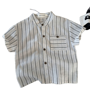 Cămașă pentru copii cu dungi, mânecă scurtă, guler rotund, bumbac 80–85%, vară 2025, top casual
