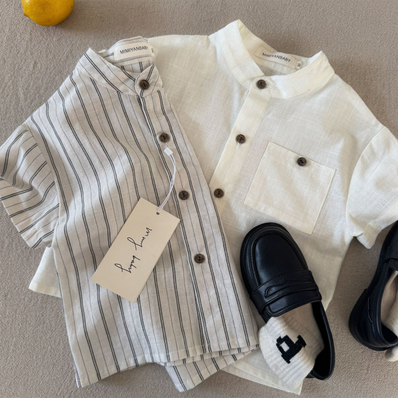 Cămașă pentru copii cu dungi, mânecă scurtă, guler rotund, bumbac 80–85%, vară 2025, top casual