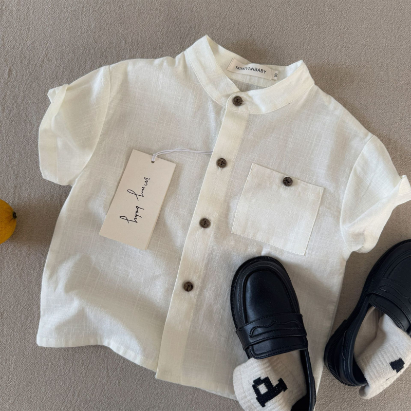 Cămașă pentru copii cu dungi, mânecă scurtă, guler rotund, bumbac 80–85%, vară 2025, top casual