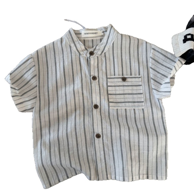 Cămașă pentru copii cu dungi, mânecă scurtă, guler rotund, bumbac 80–85%, vară 2025, top casual