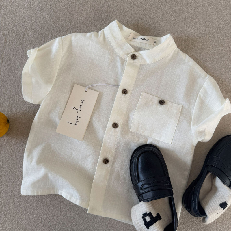 Cămașă pentru copii cu dungi, mânecă scurtă, guler rotund, bumbac 80–85%, vară 2025, top casual