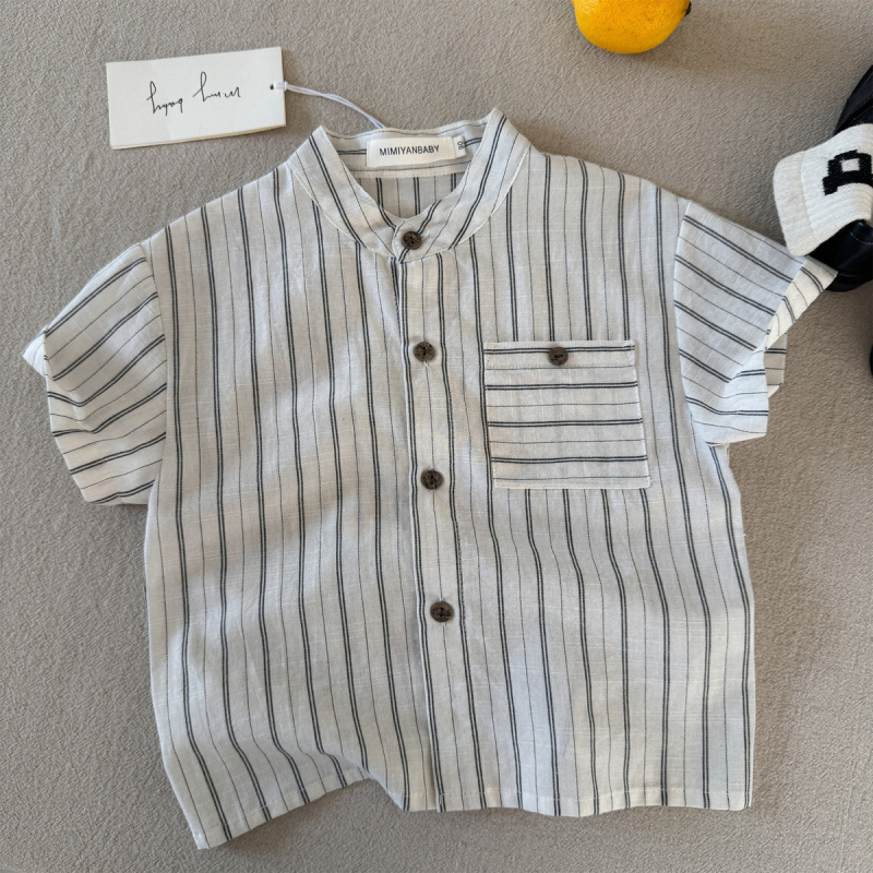Cămașă pentru copii cu dungi, mânecă scurtă, guler rotund, bumbac 80–85%, vară 2025, top casual