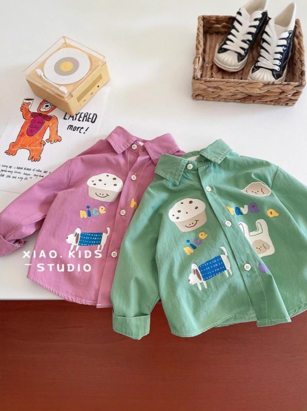 Dječja košulja u korejskom stilu, s reverom ovratnikom, dugim rukavima, 90% pamuka, uzorak životinja i crtići