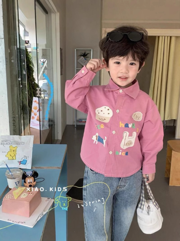 Dječja košulja u korejskom stilu, s reverom ovratnikom, dugim rukavima, 90% pamuka, uzorak životinja i crtići