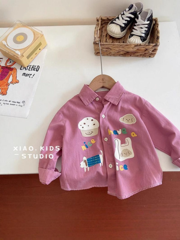 Dječja košulja u korejskom stilu, s reverom ovratnikom, dugim rukavima, 90% pamuka, uzorak životinja i crtići