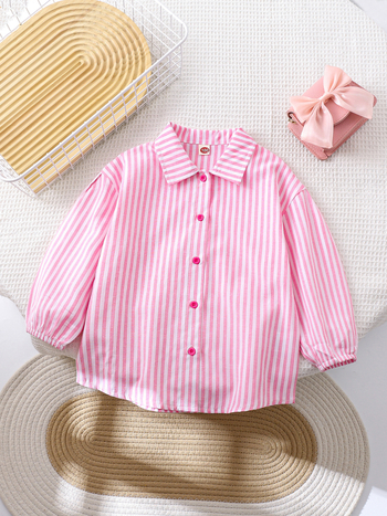 Dječja košulja s prugama, dugi rukav, spuštena ramena, gumbi, udoban kroj, rever ovratnik, poliester
