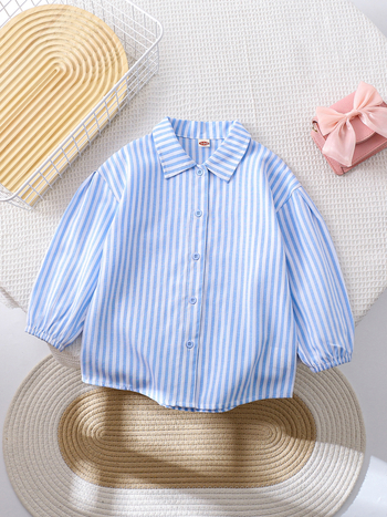 Dječja košulja s prugama, dugi rukav, spuštena ramena, gumbi, udoban kroj, rever ovratnik, poliester