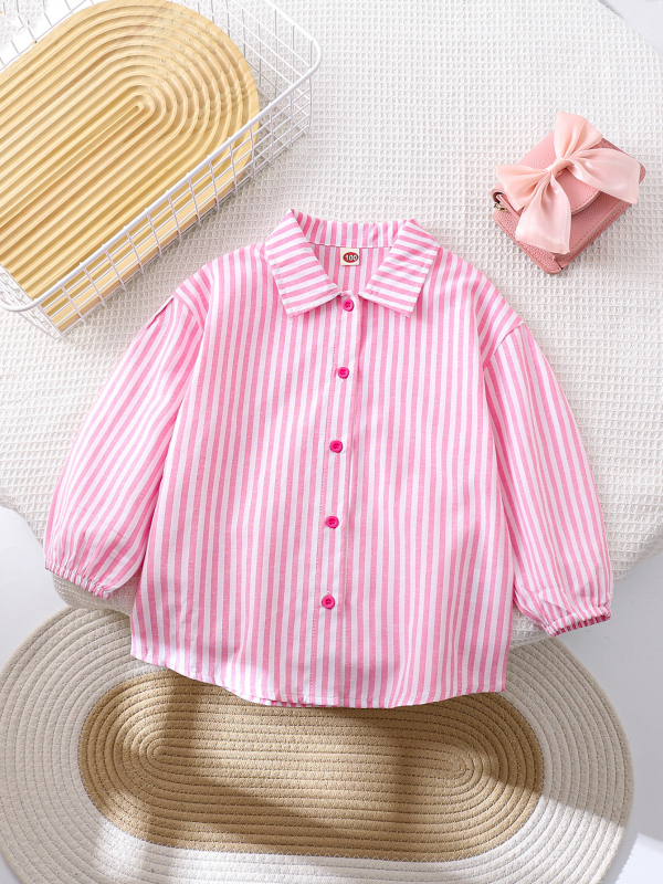 Dječja košulja s prugama, dugi rukav, spuštena ramena, gumbi, udoban kroj, rever ovratnik, poliester