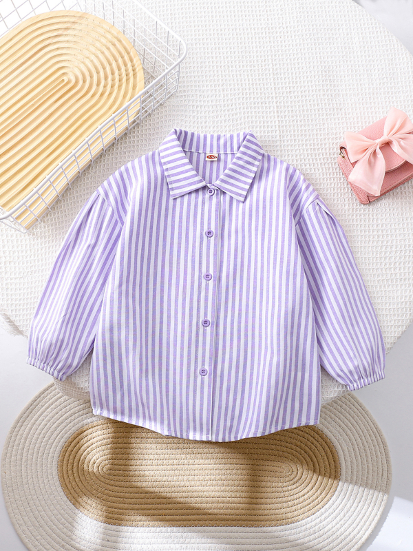 Dječja košulja s prugama, dugi rukav, spuštena ramena, gumbi, udoban kroj, rever ovratnik, poliester