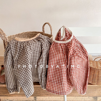 Dječja košulja za djevojčice u korejskom stilu, karirana pamuk tkanina, okrugli izrez, dugi rukav, za dob 3–8 godina, proljeće i jesen