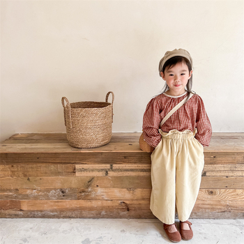 Dječja košulja za djevojčice u korejskom stilu, karirana pamuk tkanina, okrugli izrez, dugi rukav, za dob 3–8 godina, proljeće i jesen