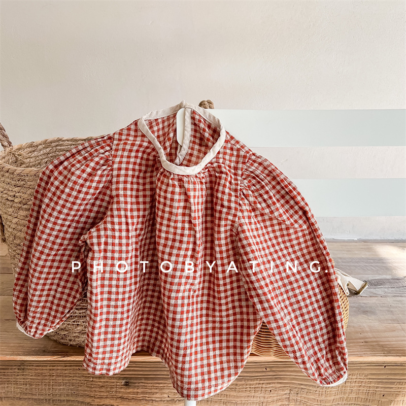 Dječja košulja za djevojčice u korejskom stilu, karirana pamuk tkanina, okrugli izrez, dugi rukav, za dob 3–8 godina, proljeće i jesen