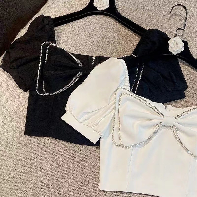 Dječja ljetna košulja u korejskom stilu s puff rukavima, kvadratnim ovratnikom, mašnicom s dijamantima, pamuk