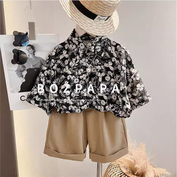 Dječja košulja u hongkongskom stilu, od lanenog materijala 50%, sa stojećim ovratnikom i kratkim rukavima, proljeće 2024