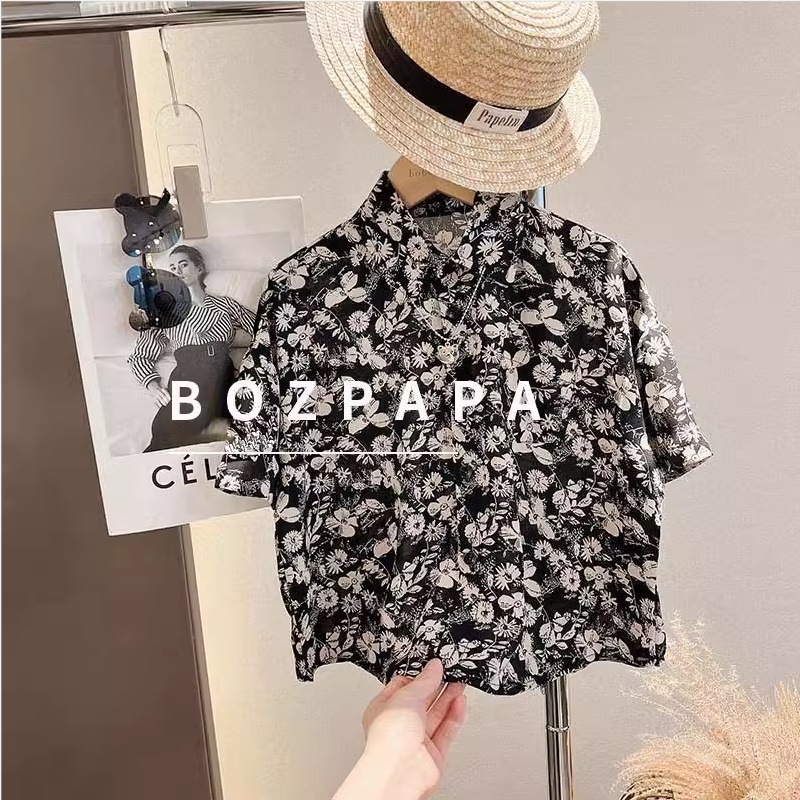 Dječja košulja u hongkongskom stilu, od lanenog materijala 50%, sa stojećim ovratnikom i kratkim rukavima, proljeće 2024