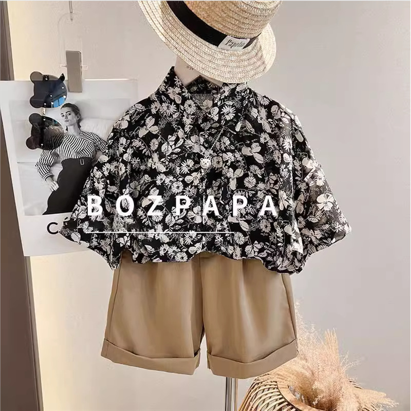 Dječja košulja u hongkongskom stilu, od lanenog materijala 50%, sa stojećim ovratnikom i kratkim rukavima, proljeće 2024